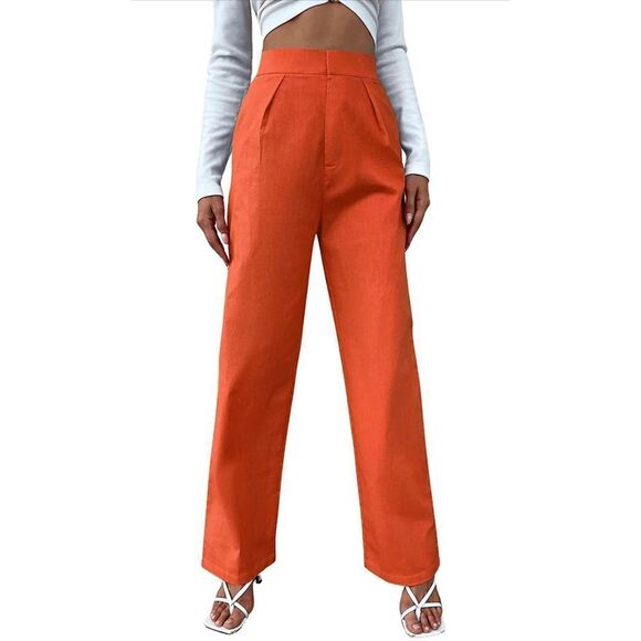 High Waist Zip Up Pleated Pants Straight Leg Long Trousers Pocket XS - Picture 2 of 5